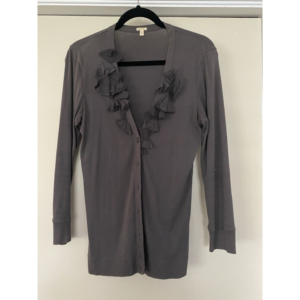 J.Crew Women's Medium Ruffle Cardigan Gray Sweater Lightweight